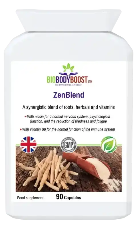 ZenBlend Ashwagandha Complex — ashwagandha, reishi, B vitamins and turmeric herbal blend, 90 vegan capsules for stress support, BioBodyBoost UK