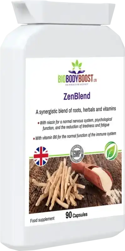 ZenBlend front-angle view highlighting ashwagandha and herbal stress-support complex for calm and focus