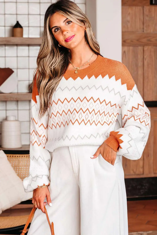 Woman wearing a Zigzag Cozy Knit Jumper in a kitchen setting