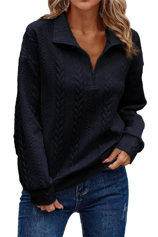 Navy blue zip up cable textured sweatshirt - sweatshirts & hoodies