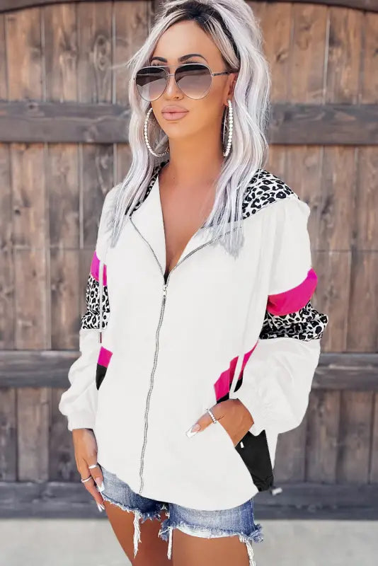 Zip-up hooded jacket - white leopard print - hood jackets