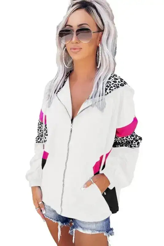 Zip-up Hooded Jacket - White Leopard Print - Fashionfitz