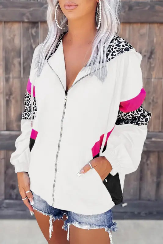 Zip-up hooded jacket - white leopard print - 2xl / 100% polyester - hood jackets