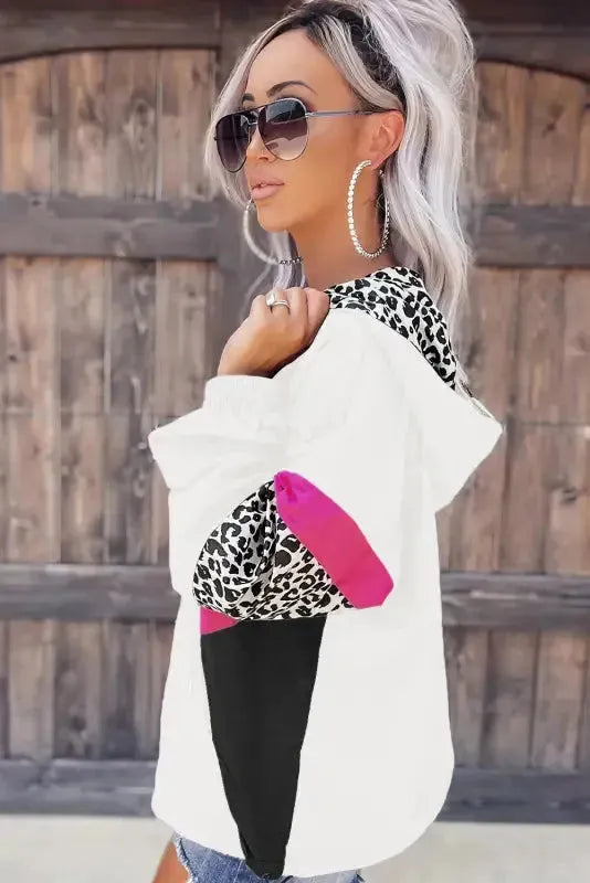 Zip-up Hooded Jacket - White Leopard Print - Fashionfitz