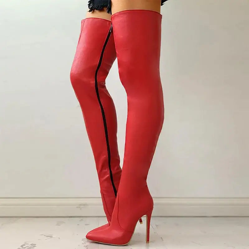 Zipper high heels over the knee boots - red / 34